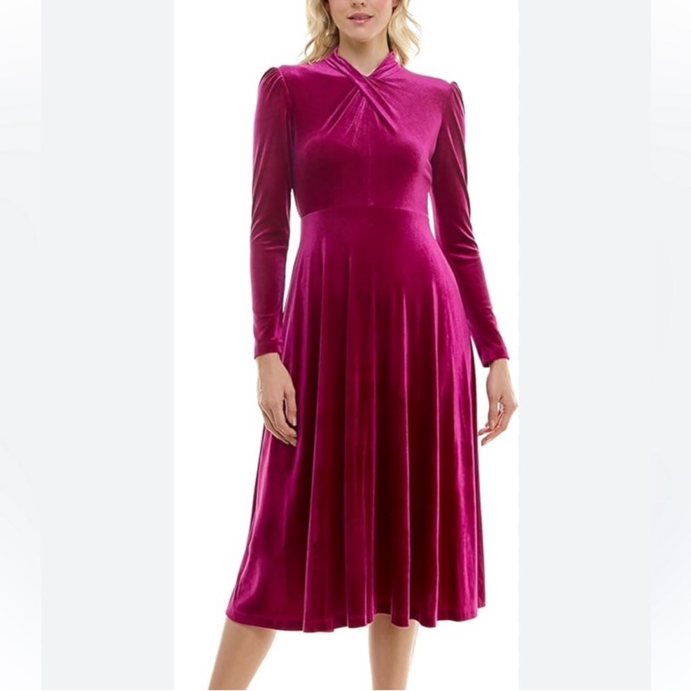Maison Tara Velvet Midi Dress in Magenta